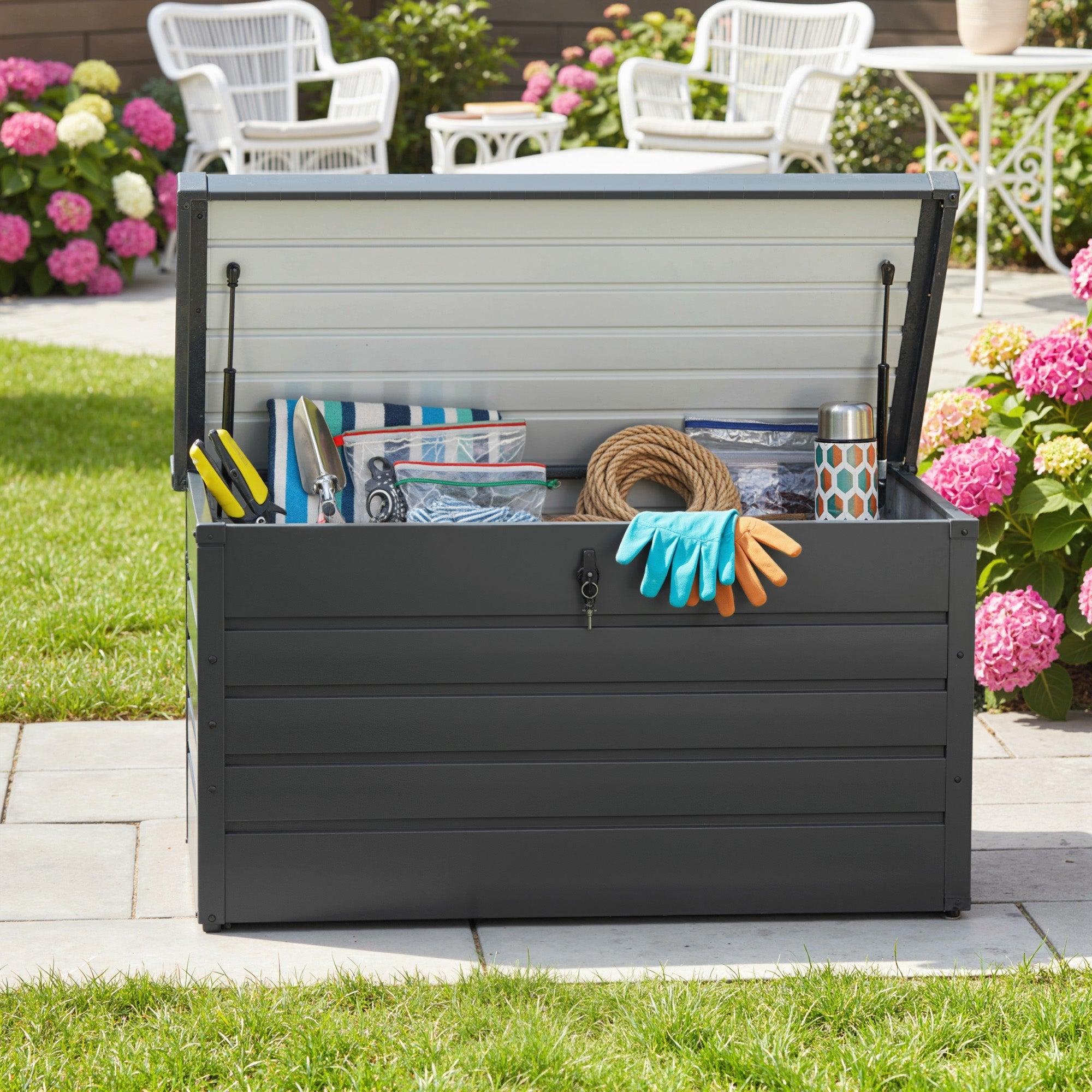 Outsunny 311l galvanised steel garden storage box in dark grey with hinged lid and key lock for secure outdoor storage