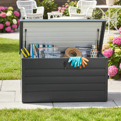Outsunny 311l galvanised steel garden storage box in dark grey with hinged lid and key lock for secure outdoor storage