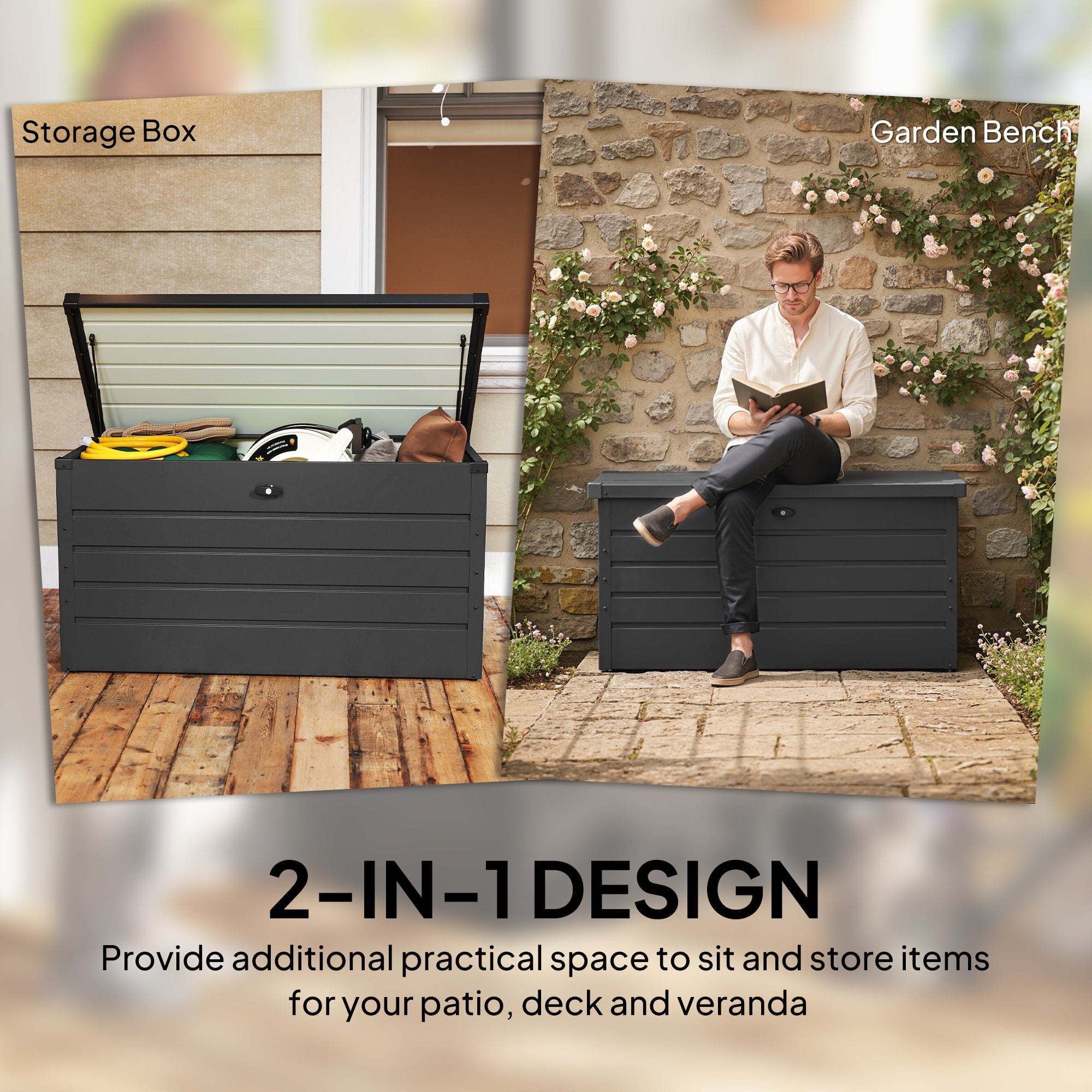 Dark gray plastic storage bench with hinged lid and horizontal slats for outdoor use in galvanised steel garden storage box design