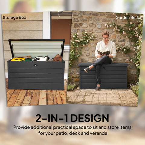 Dark gray plastic storage bench with hinged lid and horizontal slats for outdoor use in galvanised steel garden storage box design