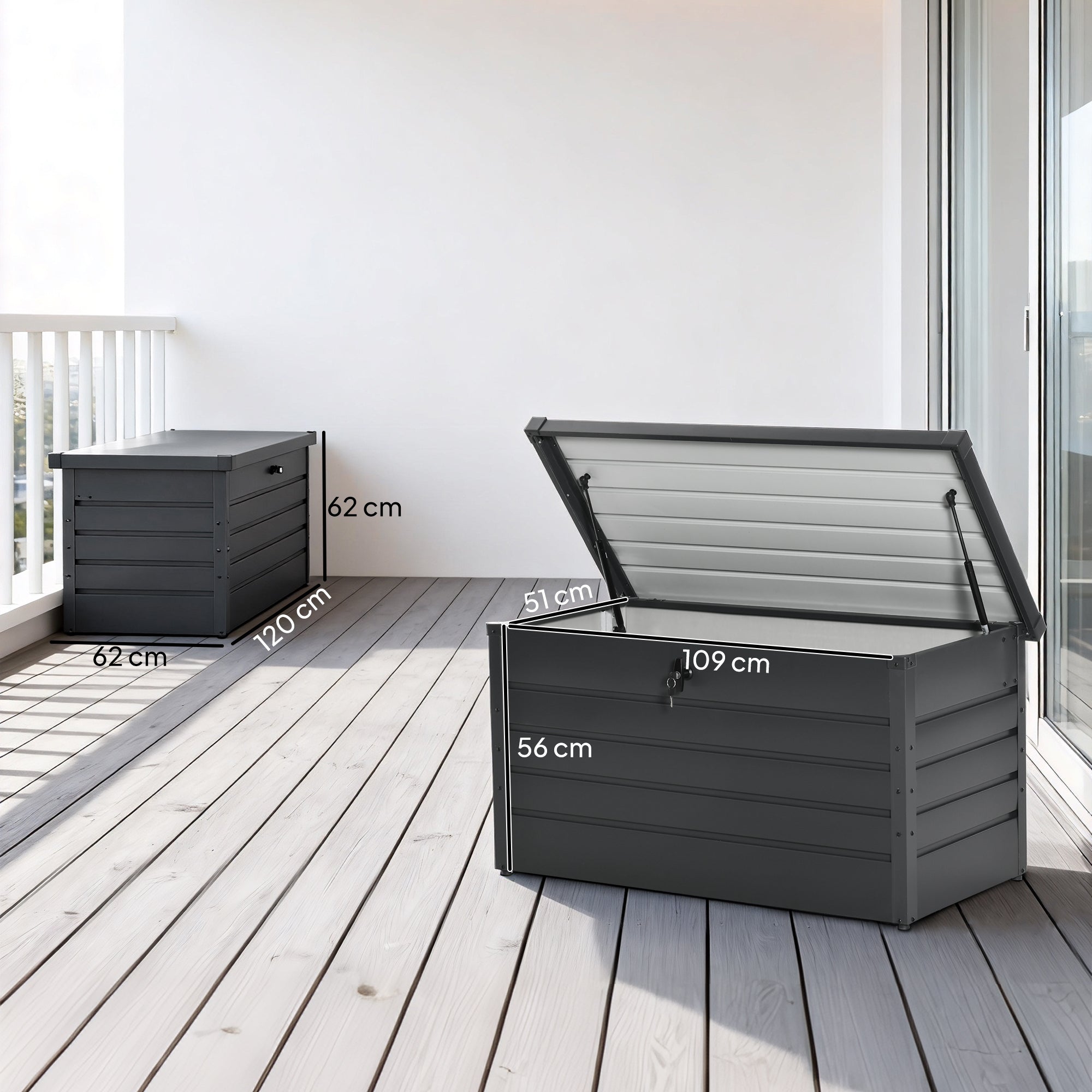 Dark grey galvanised steel garden storage box with slatted design hinged lid and lock for outdoor use