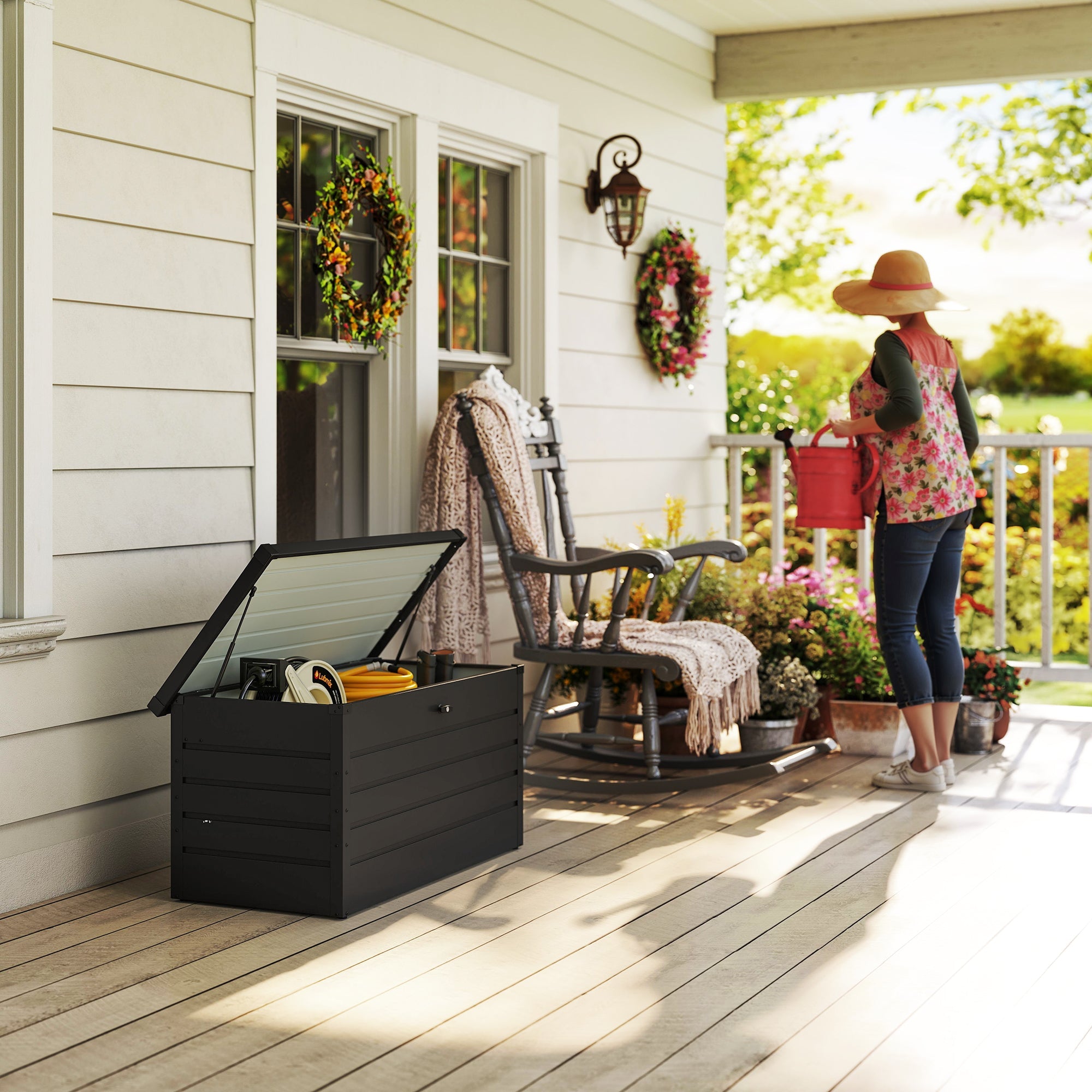 Outsunny 311l dark grey galvanised steel garden storage box with hinged lid showing interior contents