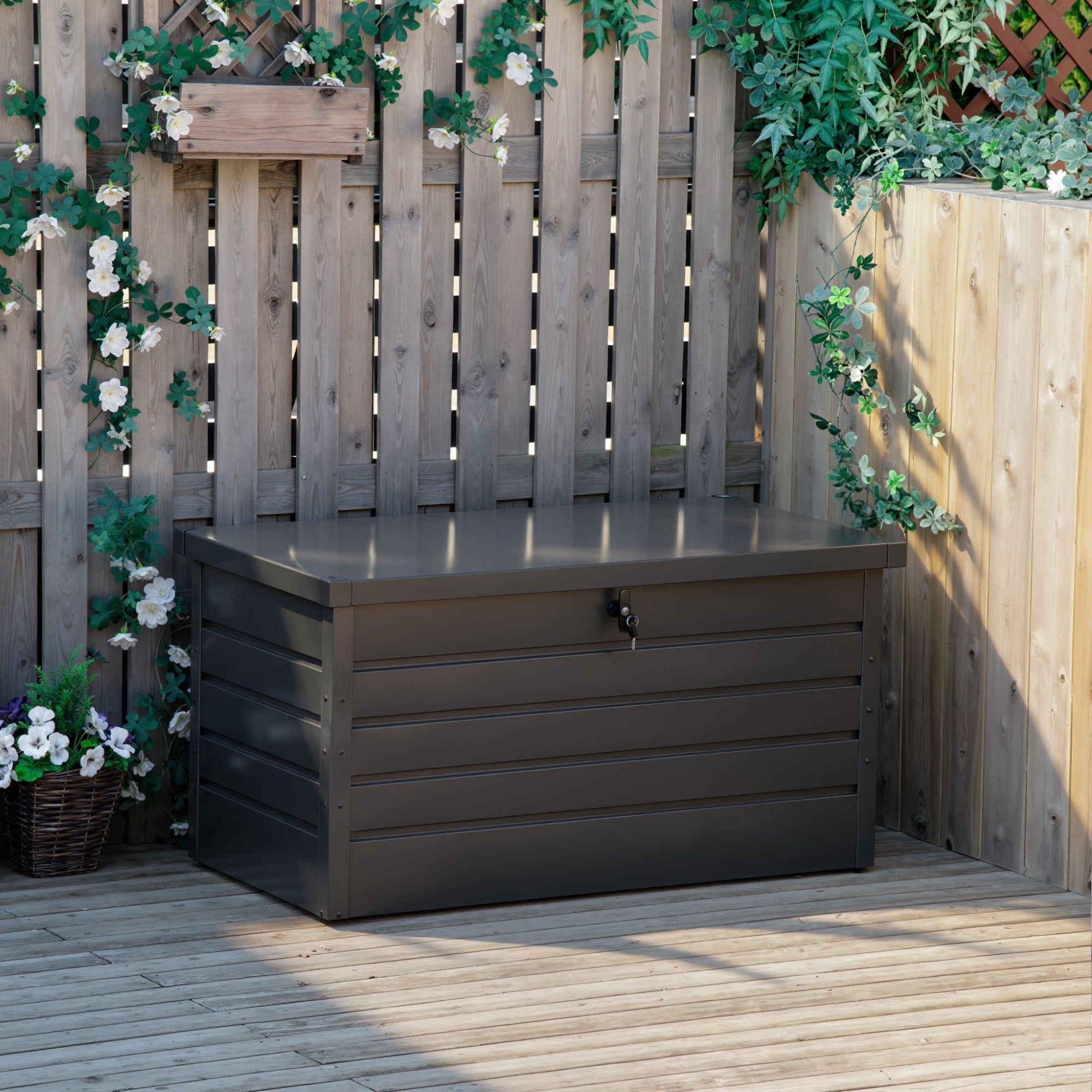 Dark brown plastic outdoor garden storage box with flat top and horizontal slats in the style of galvanised steel storage box