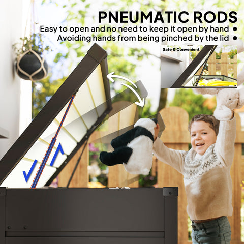 Outsunny 311l galvanised steel garden storage box in dark grey with pneumatic rods for easy hands free lid opening
