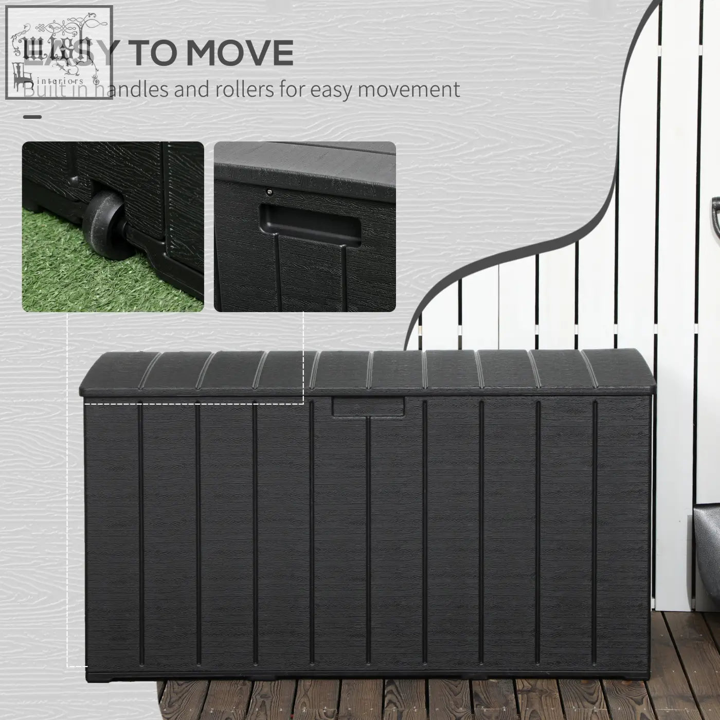 Black outsunny 336 litre outdoor storage box made of heavy duty plastic with handles and rollers for easy movement