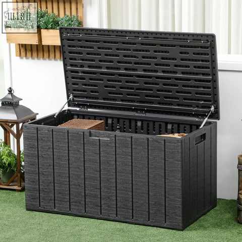 Black Outsunny 336 litre outdoor storage box with slatted lid and ribbed sides for garden furniture and cushions