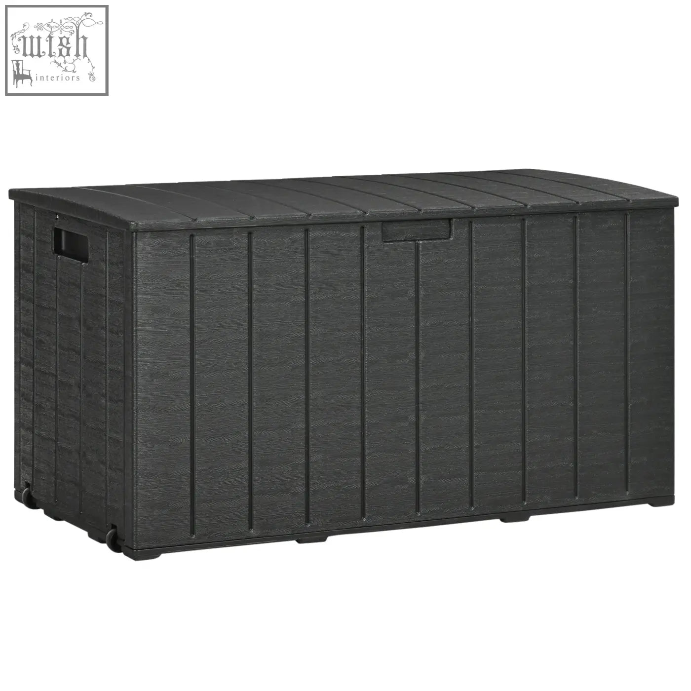 Black outsunny outdoor storage box with textured wood-grain finish heavy duty plastic and integrated lid handles