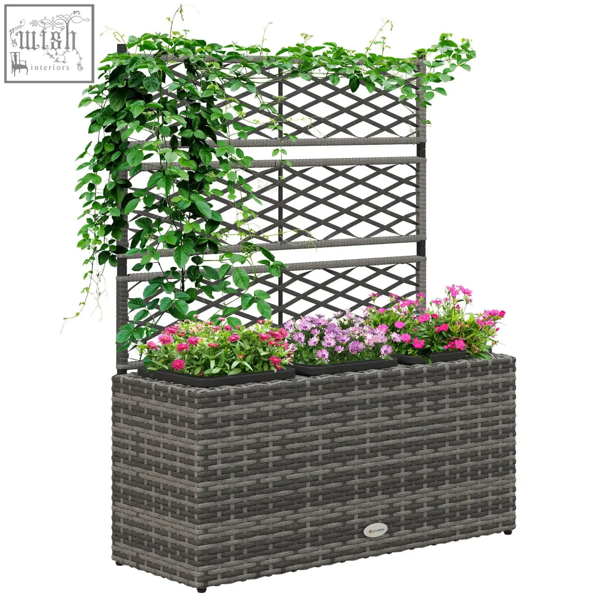 Light grey outsunny garden planter with plastic wicker, metal frame, lattice trellis, and pink purple flowers
