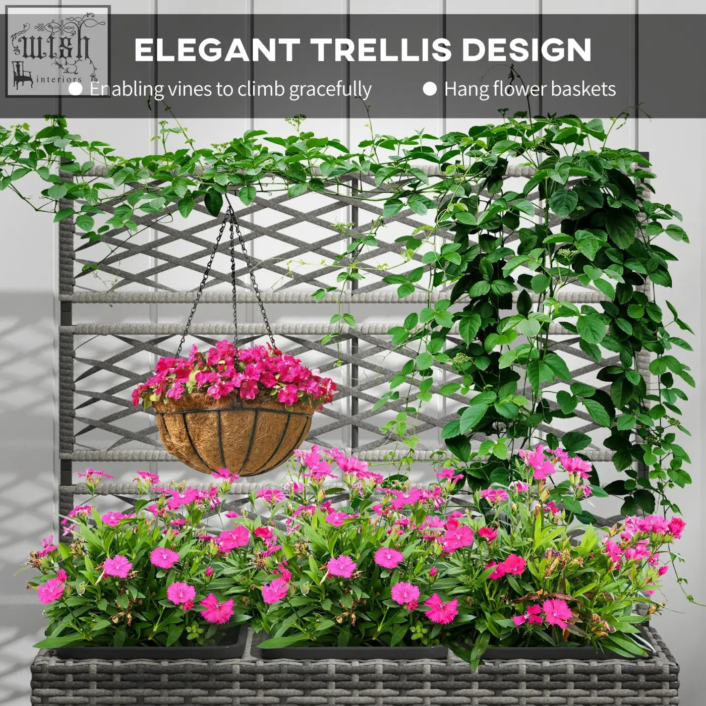 Gray woven trellis planter with lattice pattern and hanging flower basket made of plastic wicker on metal frame light grey