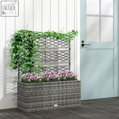 Light grey outsunny garden planter with metal frame plastic wicker trellis and purple flowers in black pots