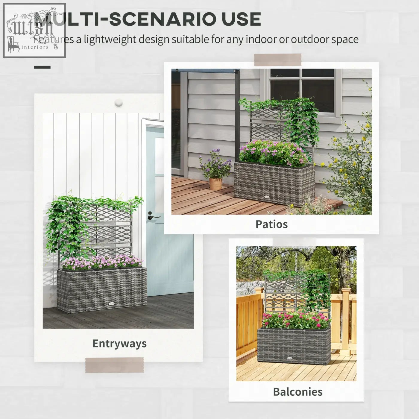 Gray woven plastic wicker planter with metal frame and lattice back panel for climbing plants in light grey