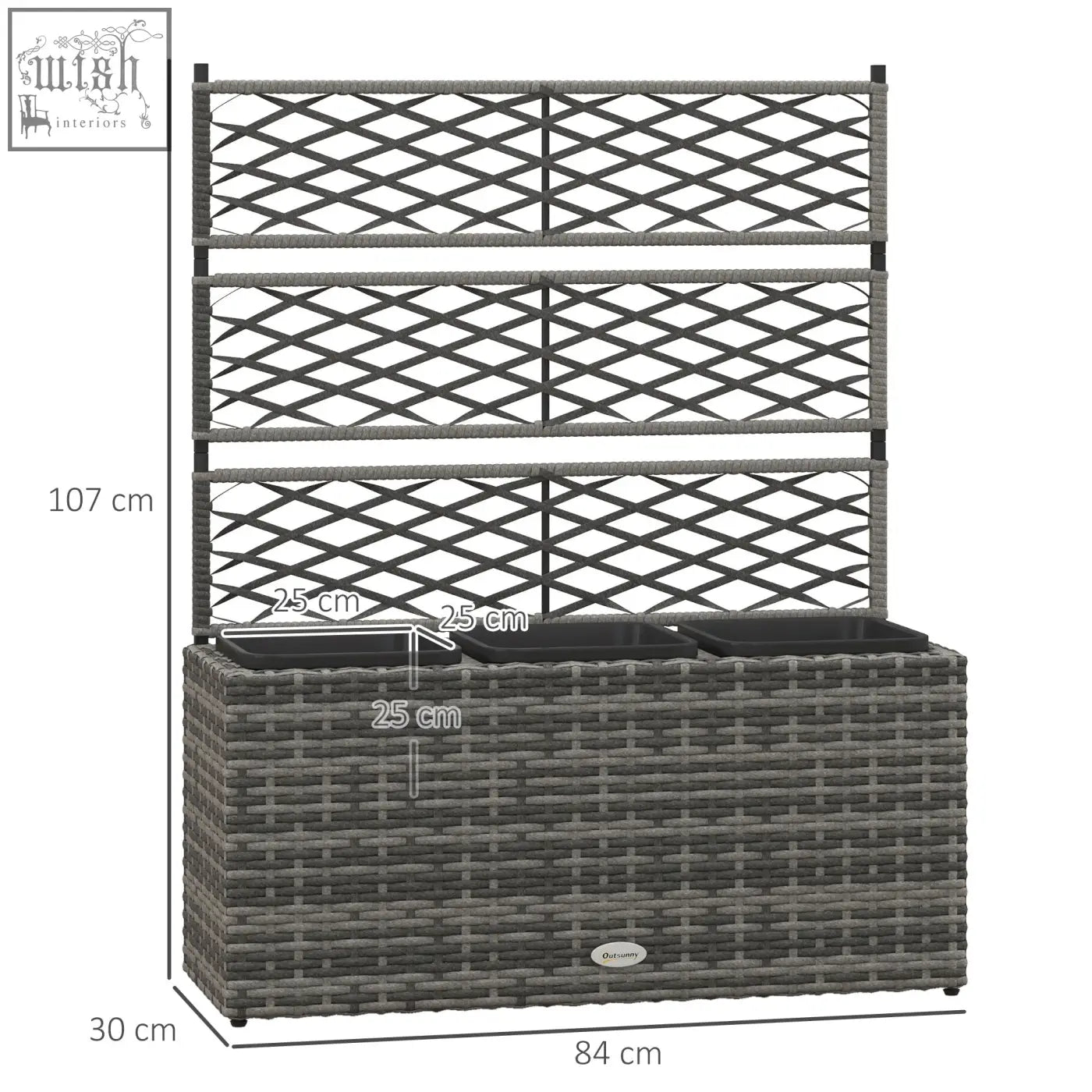 Light grey outsunny 33l garden plastic wicker planter with metal frame trellis for climbing plants and raised bed