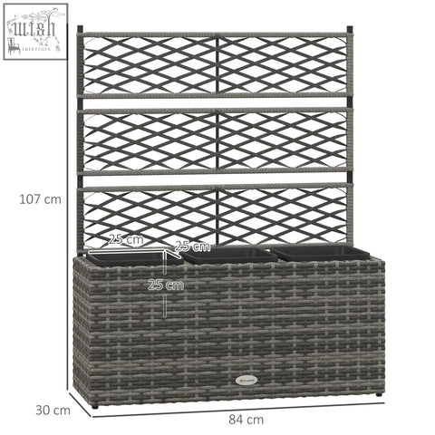 Light grey outsunny 33l garden plastic wicker planter with metal frame trellis for climbing plants and raised bed