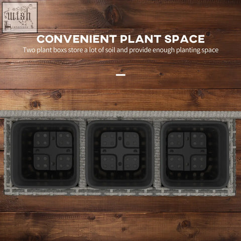Three black square plant boxes with light grey plastic wicker woven border and metal frame for climbing plants
