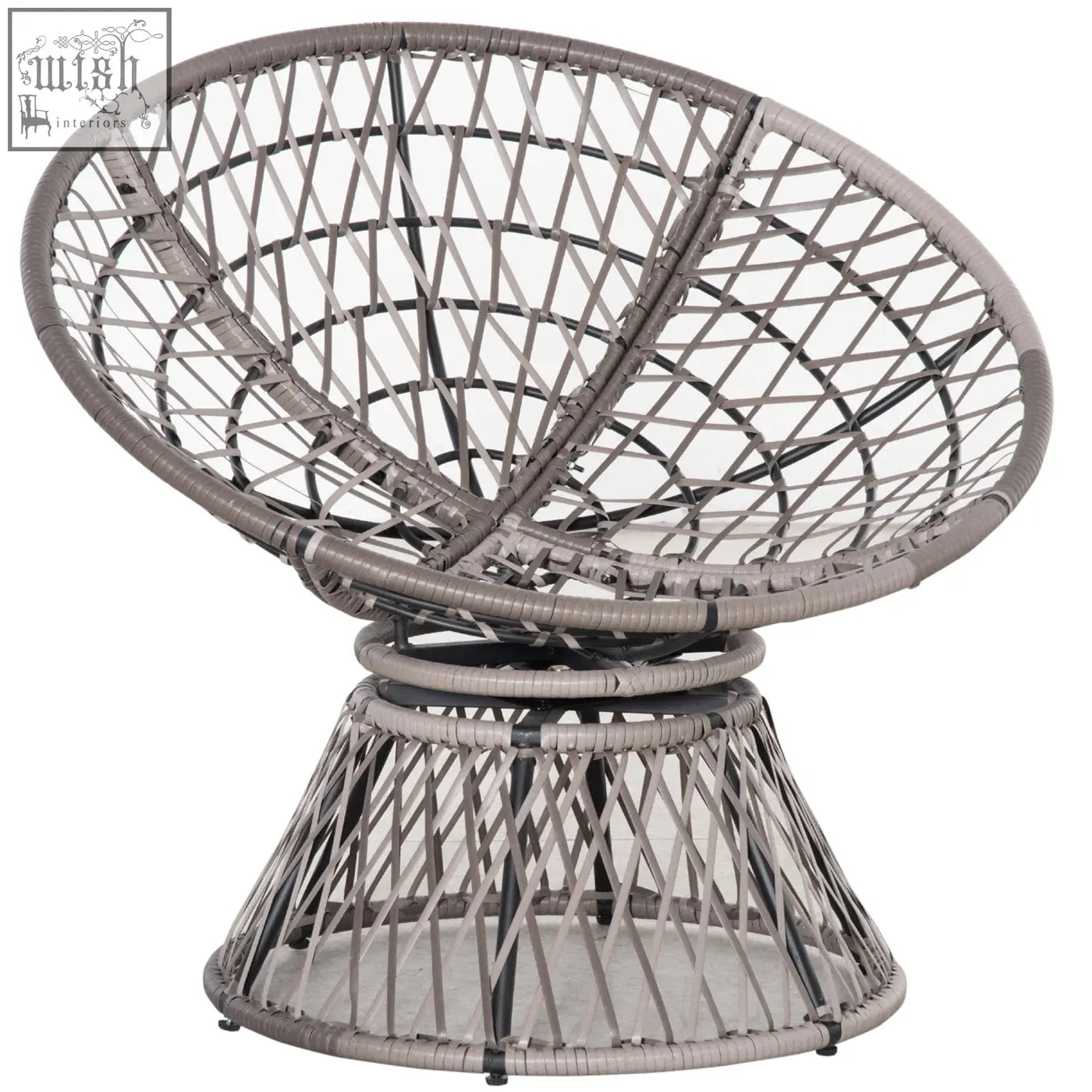 Gray woven rattan swivel papasan chair with steel frame underneath and padded cushion for indoor outdoor use