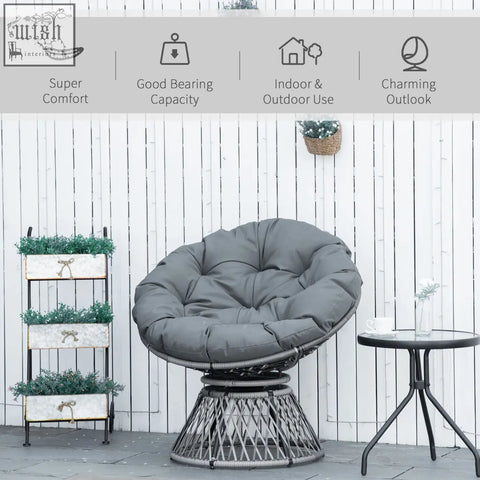 Gray cushioned outsunny swivel chair with woven wicker base and steel frame underneath for indoor outdoor use