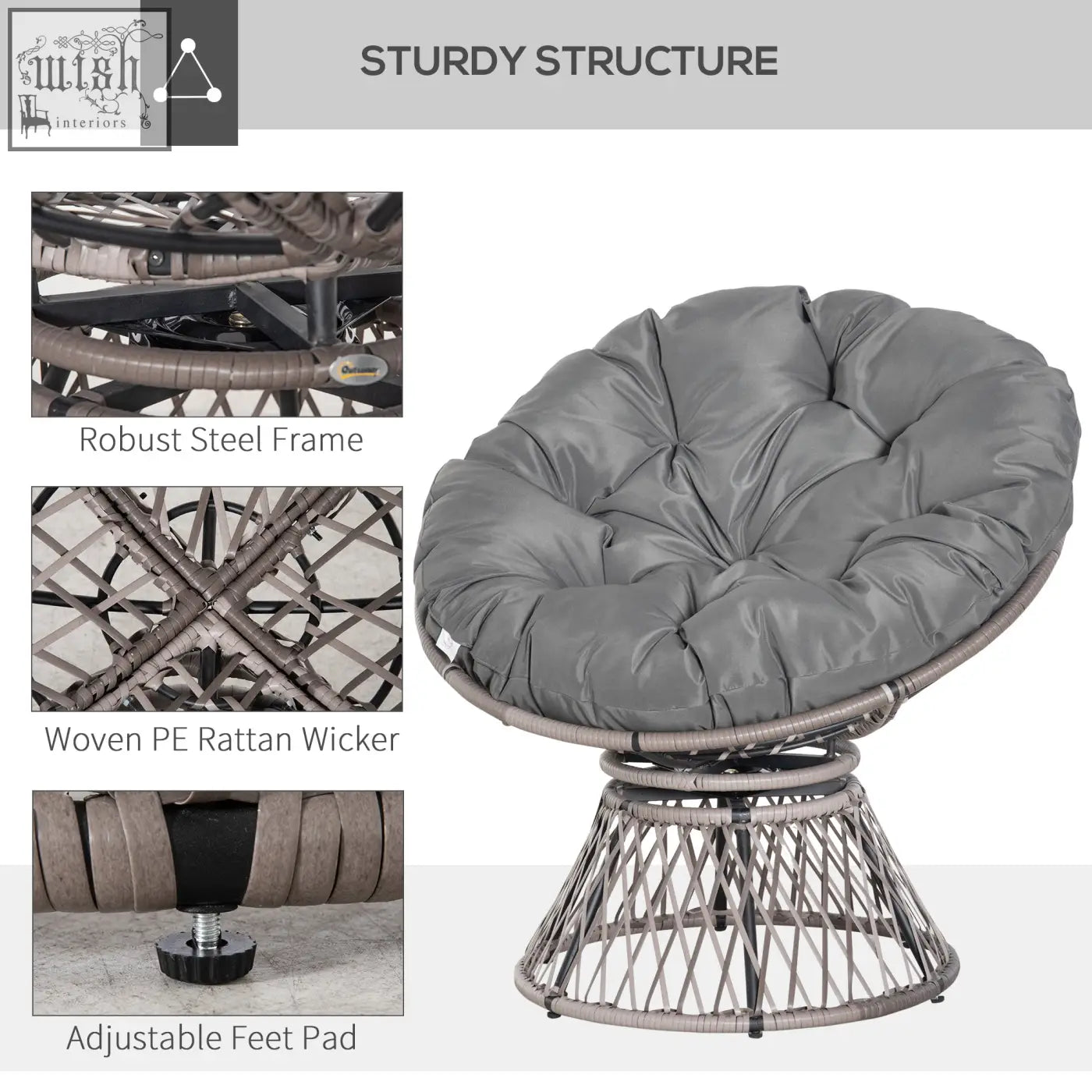 Gray cushioned swivel papasan chair with woven pe rattan wicker and sturdy steel frame underneath for indoor outdoor use