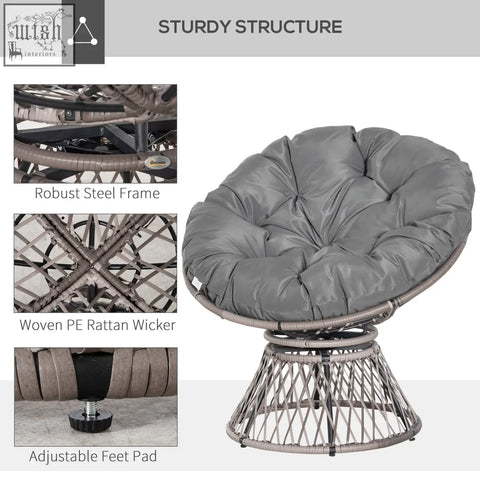 Gray cushioned swivel papasan chair with woven pe rattan wicker and sturdy steel frame underneath for indoor outdoor use