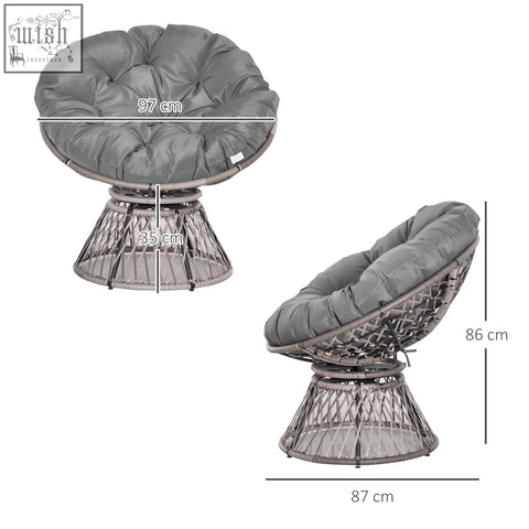 Outsunny grey swivel papasan chair with cushioned seat and woven wicker basket supported by steel frame underneath
