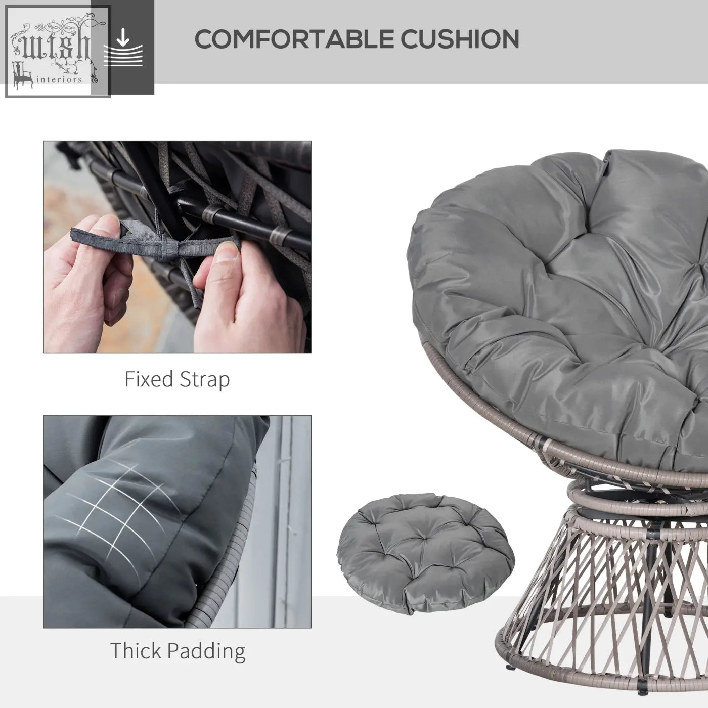 Gray plush cushion with thick padding on outsunny swivel chair with steel frame underneath for indoor outdoor use
