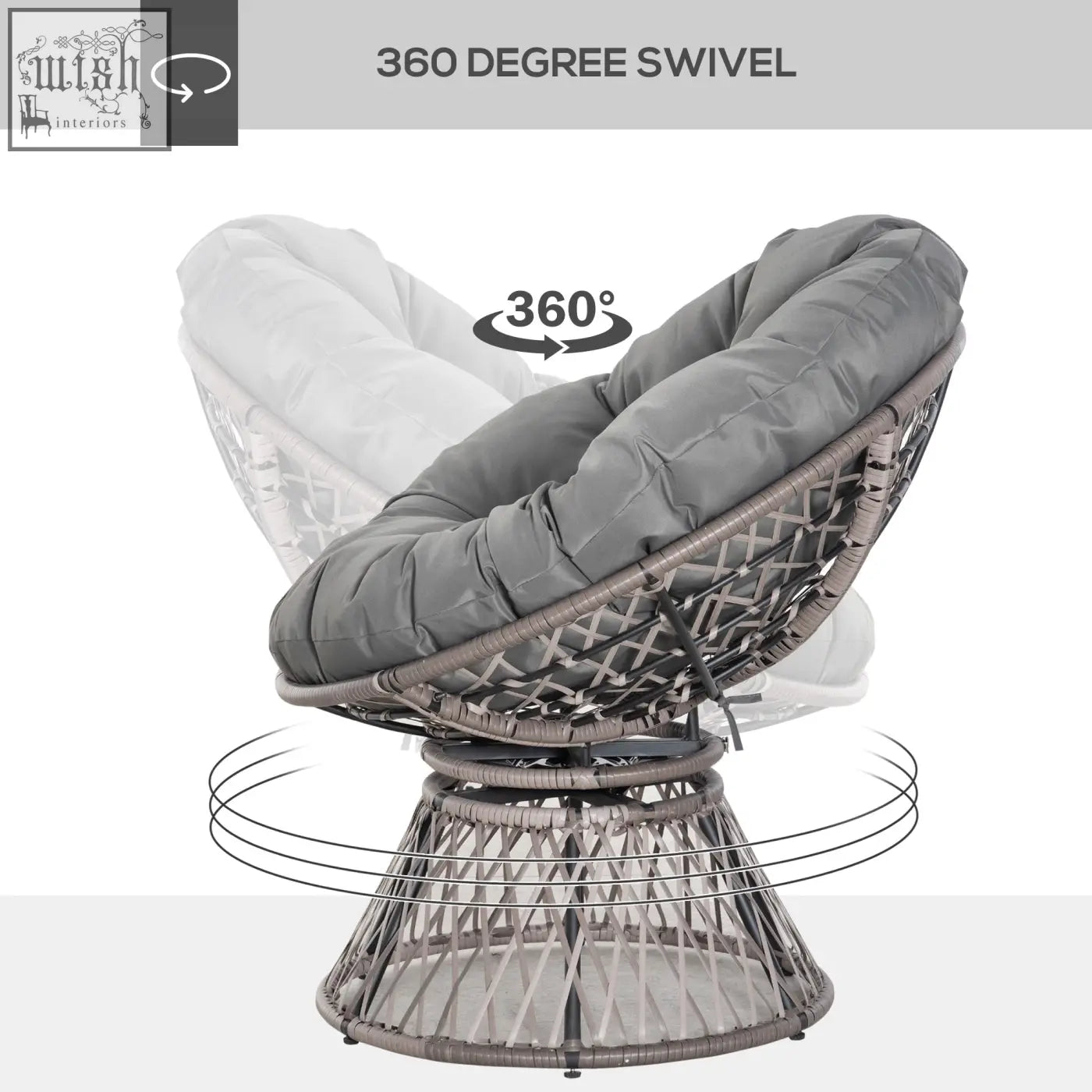 Gray woven wicker swivel chair with plush cushion and steel frame underneath for indoor and outdoor use