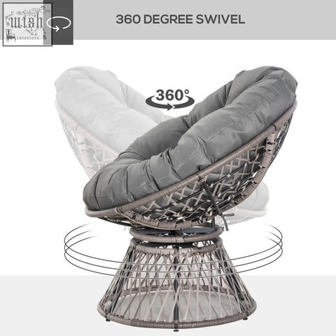 Gray woven wicker swivel chair with plush cushion and steel frame underneath for indoor and outdoor use