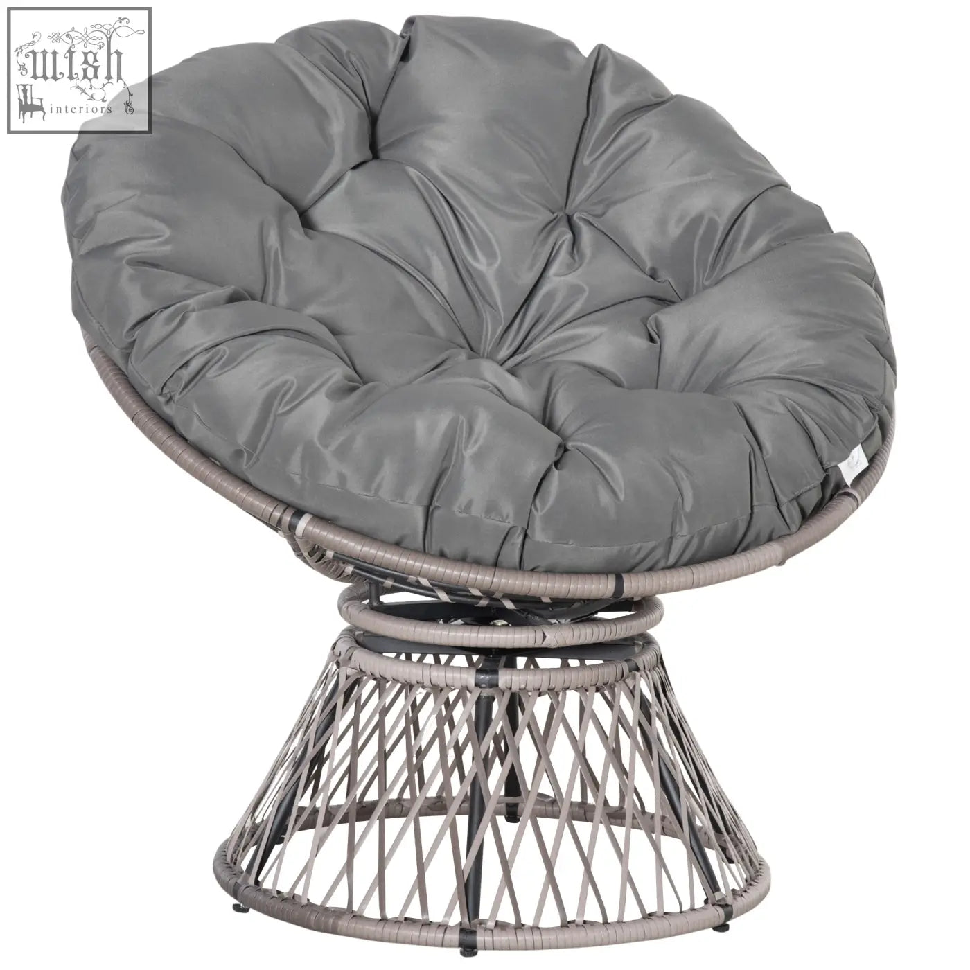 Outsunny grey swivel papasan chair with cushioned seat and woven wicker basket on steel frame for indoor outdoor use