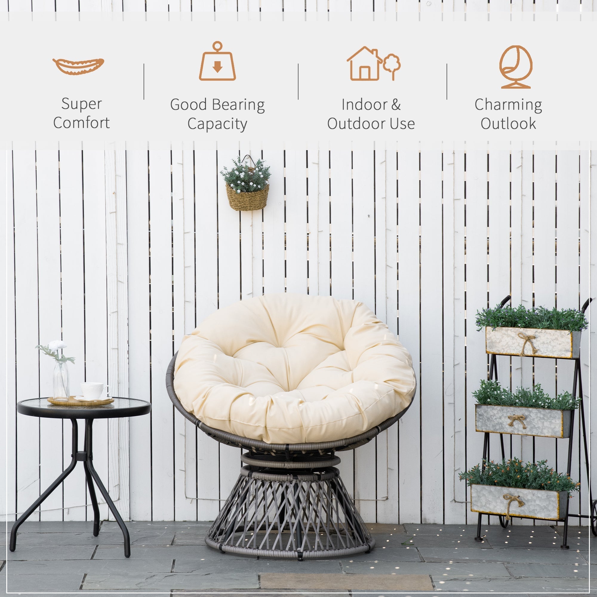 Outsunny cream cushioned papasan swivel chair with dark wicker frame steel frame underneath and 360-degree swivel base