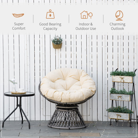 Outsunny cream cushioned papasan swivel chair with dark wicker frame steel frame underneath and 360-degree swivel base