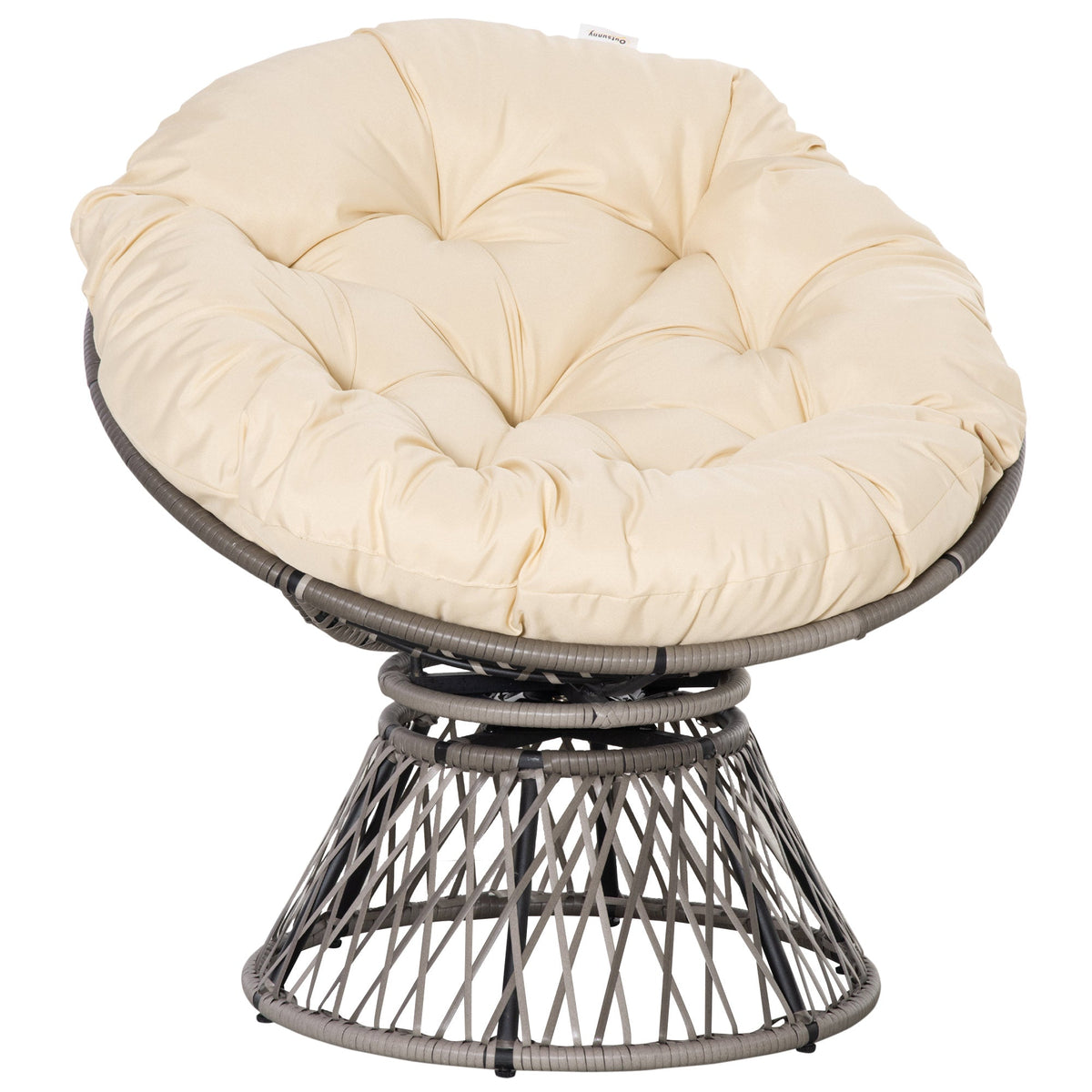 Cream-colored plush cushioned papasan chair with gray woven wicker frame and steel frame underneath 360-degree swivel seat