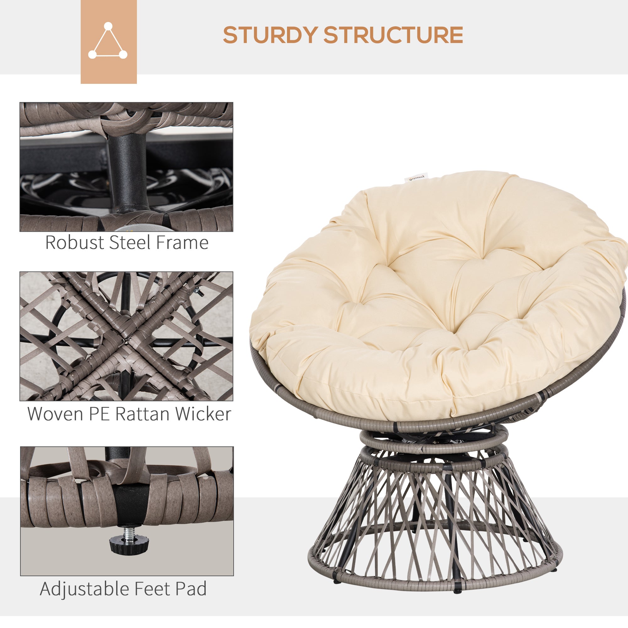 Beige cushioned papasan chair with gray woven pe rattan wicker frame and sturdy steel frame underneath, 360-degree swivel chair