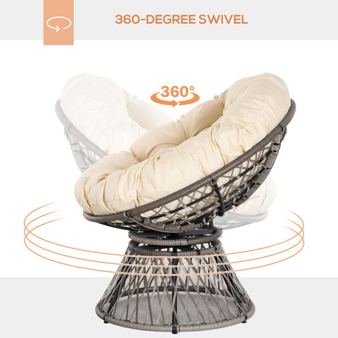 Outsunny cream cushioned papasan swivel chair with dark gray woven wicker steel frame and 360-degree swivel base