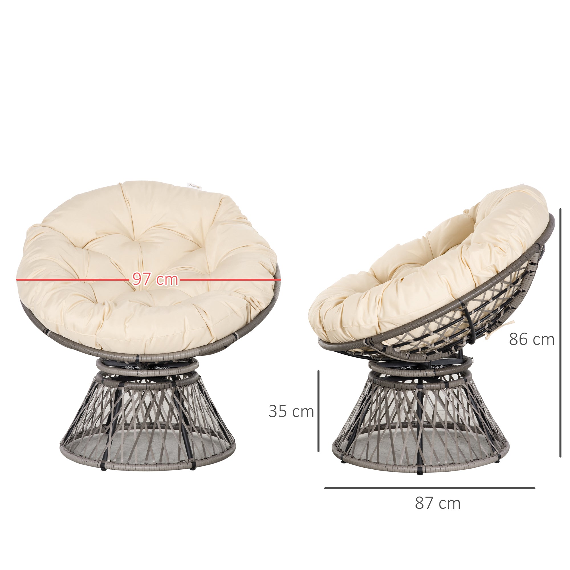 Gray wicker papasan swivel chair with cream cushion and steel frame underneath for 360-degree indoor outdoor use