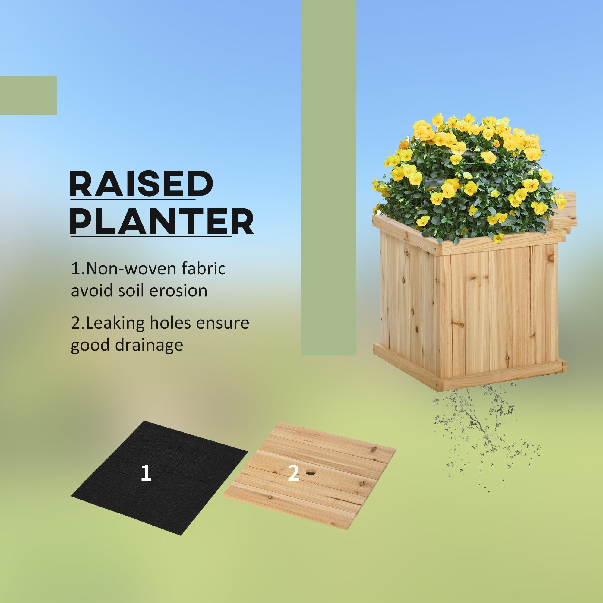 Outsunny 37l light brown wooden garden planter with vertical slats holds yellow flowers and allows excess water drainage
