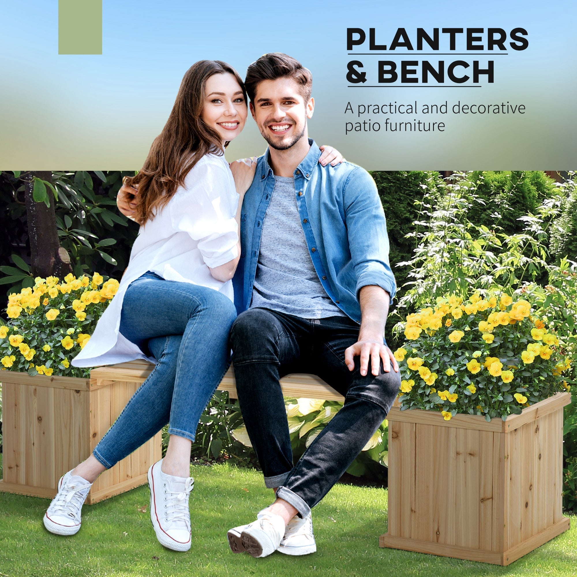 Outsunny 37l wooden garden planter with vertical slats and vibrant yellow flowers allows excess water drainage naturally