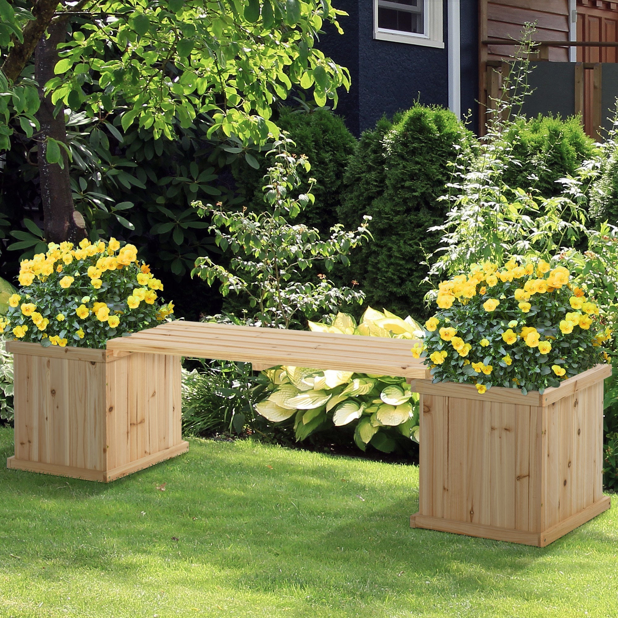 Outsunny light brown wooden garden bench with integrated planters for vibrant yellow flowers and excess water drainage
