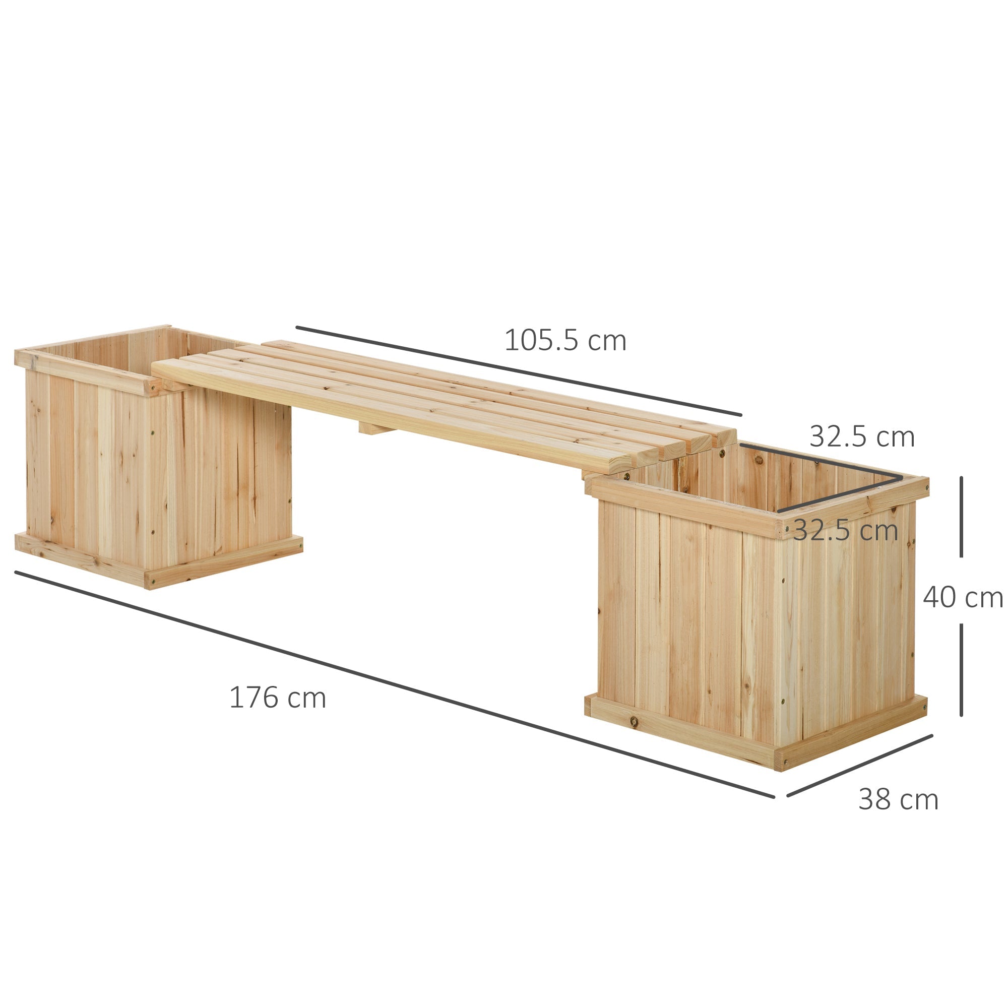 Outsunny light-colored wooden garden bench with planters designed to prevent excess water build-up patio use