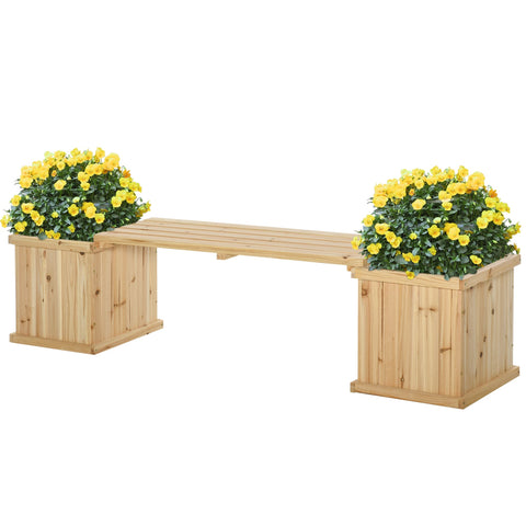Outsunny light wooden garden bench with built-in planters and yellow flowers designed to prevent excess water buildup
