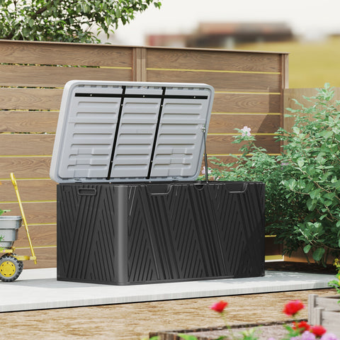 Outsunny 380l black plastic outdoor storage box with gray slatted waterproof outdoor storage lid and lockable latches
