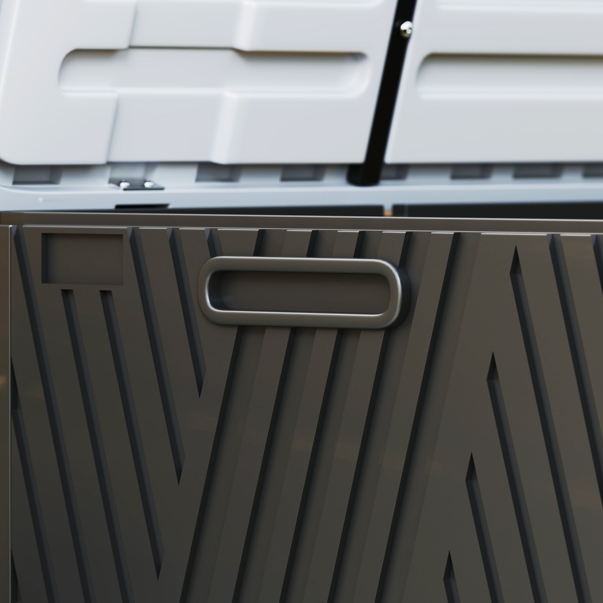 Dark gray plastic outsunny 380l waterproof outdoor storage box with ribbed surface and sleek metallic handle in black