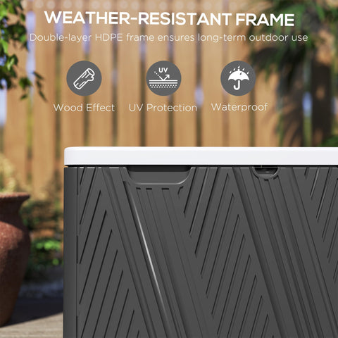 Outsunny 380l black outdoor storage box with white weather-resistant frame and diagonal ribbed texture for waterproof storage