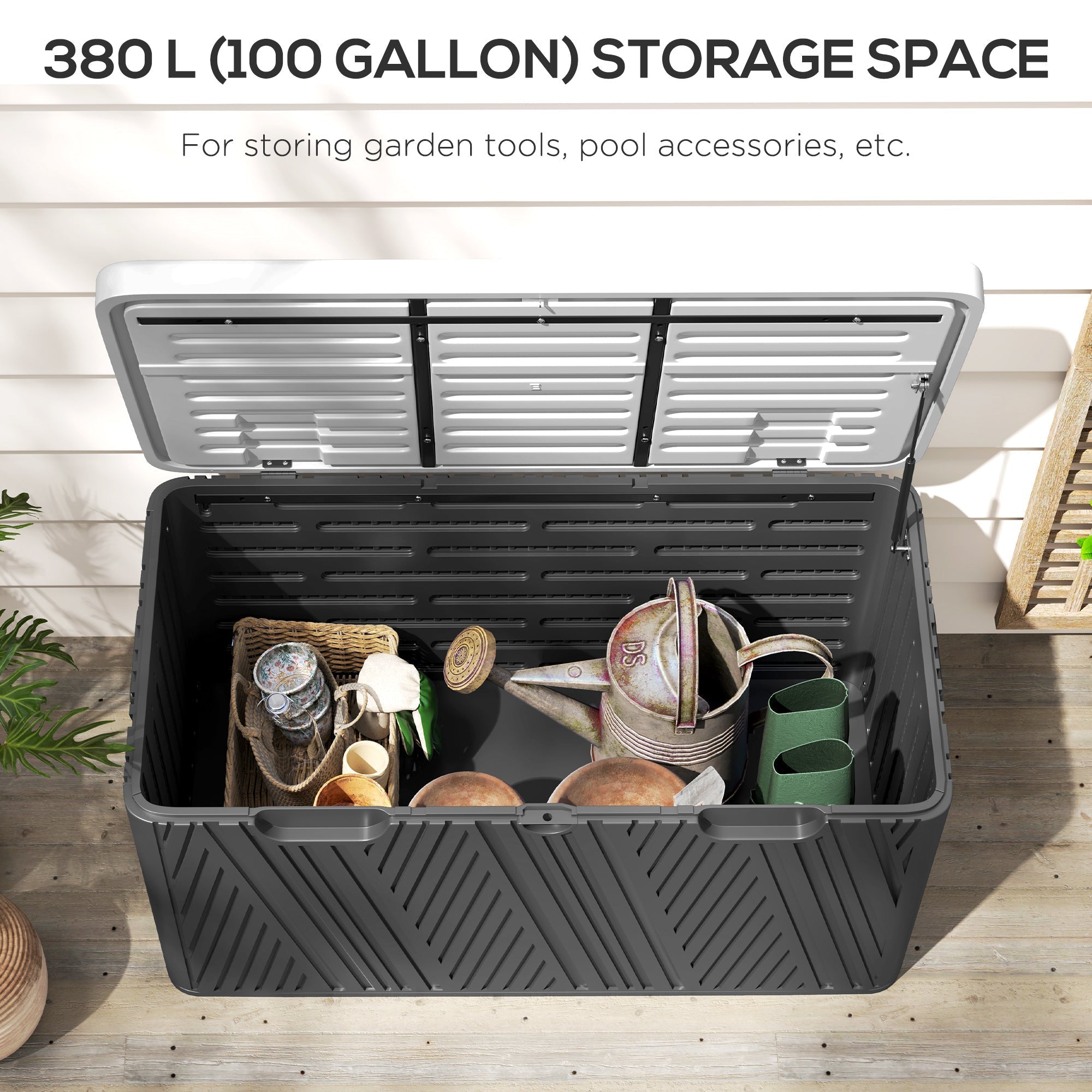 Outsunny 380l black plastic storage box with silver lid and ribbed texture perfect for waterproof outdoor storage