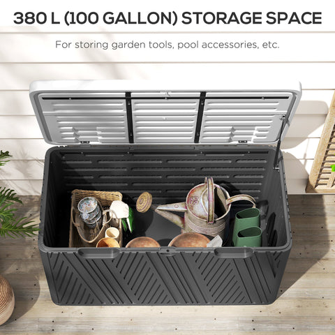 Outsunny 380l black plastic storage box with silver lid and ribbed texture perfect for waterproof outdoor storage
