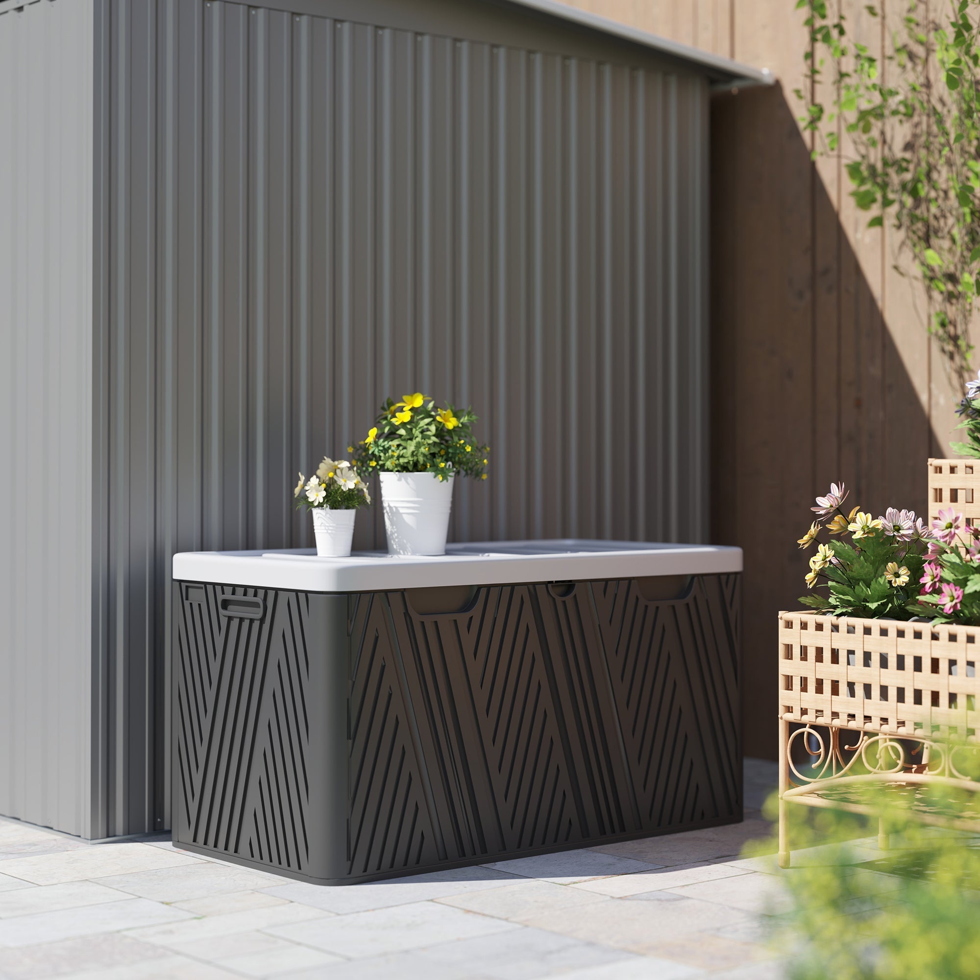 Dark gray plastic outsunny 380l waterproof outdoor storage box with white lockable lid and diagonal ribbed texture
