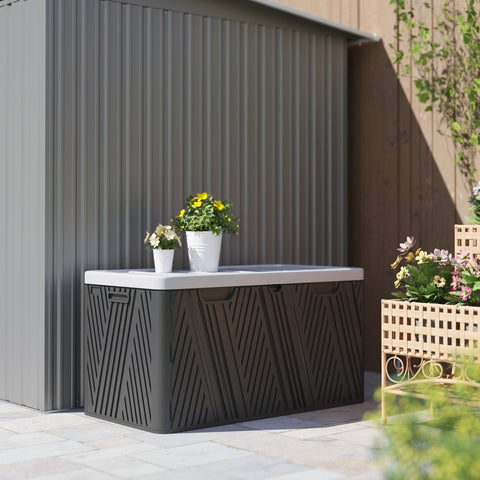 Dark gray plastic outsunny 380l waterproof outdoor storage box with white lockable lid and diagonal ribbed texture