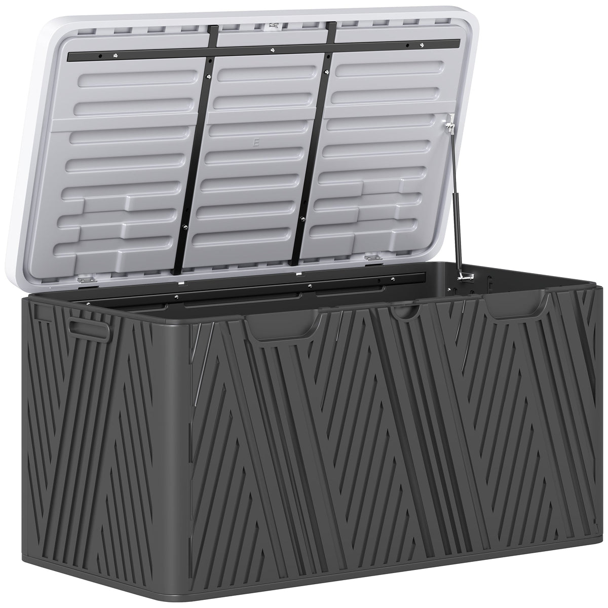Outsunny 380l waterproof outdoor storage box in dark gray plastic with white ridged lid and black support bars