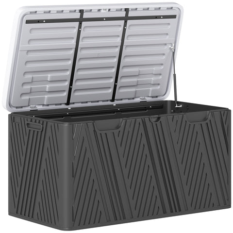 Outsunny 380l waterproof outdoor storage box in dark gray plastic with white ridged lid and black support bars