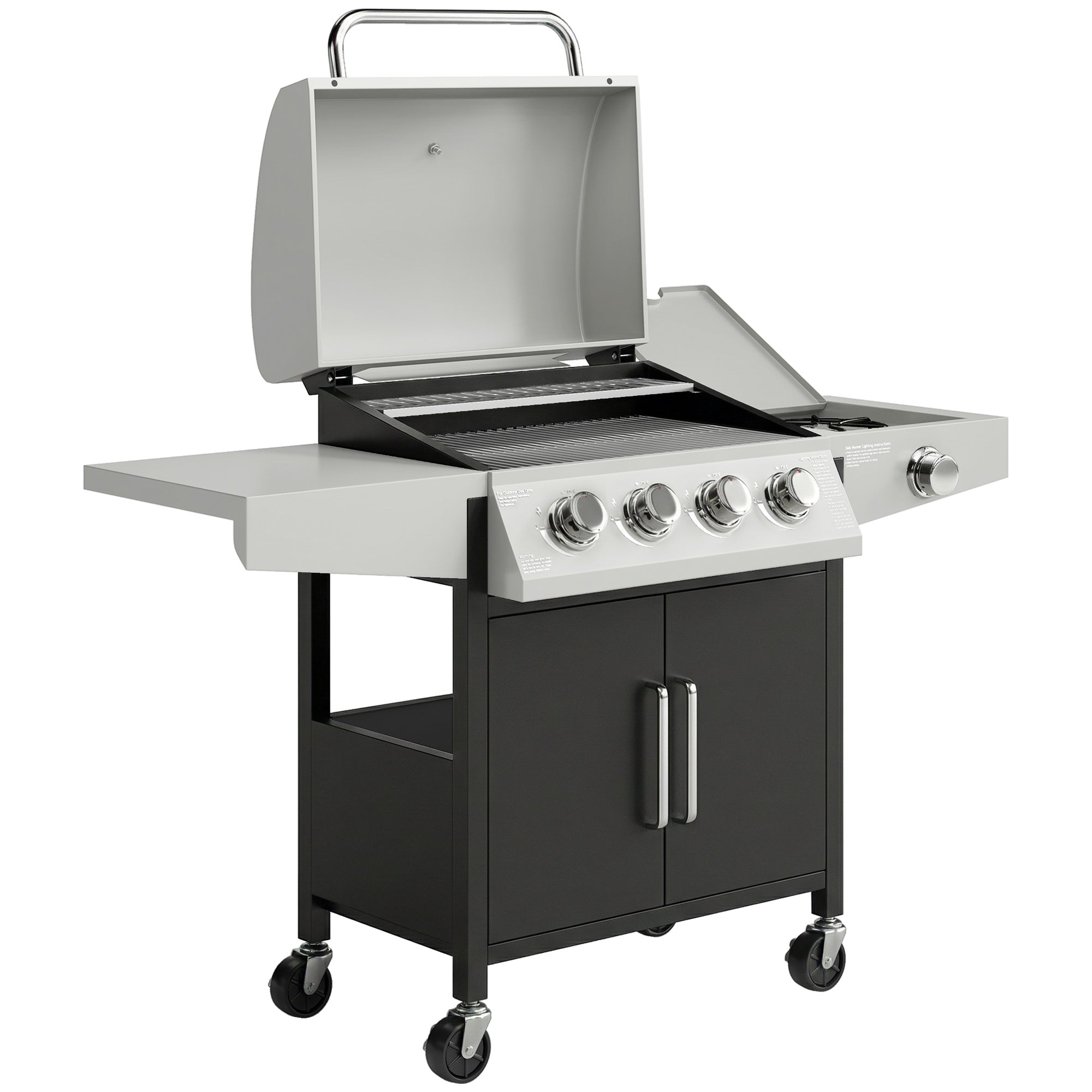 Outsunny silver and black 4 plus 1 burner steel gas grill with warming rack side shelf and wheels for slow cooking