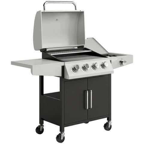 Outsunny silver and black 4 plus 1 burner steel gas grill with warming rack side shelf and wheels for slow cooking