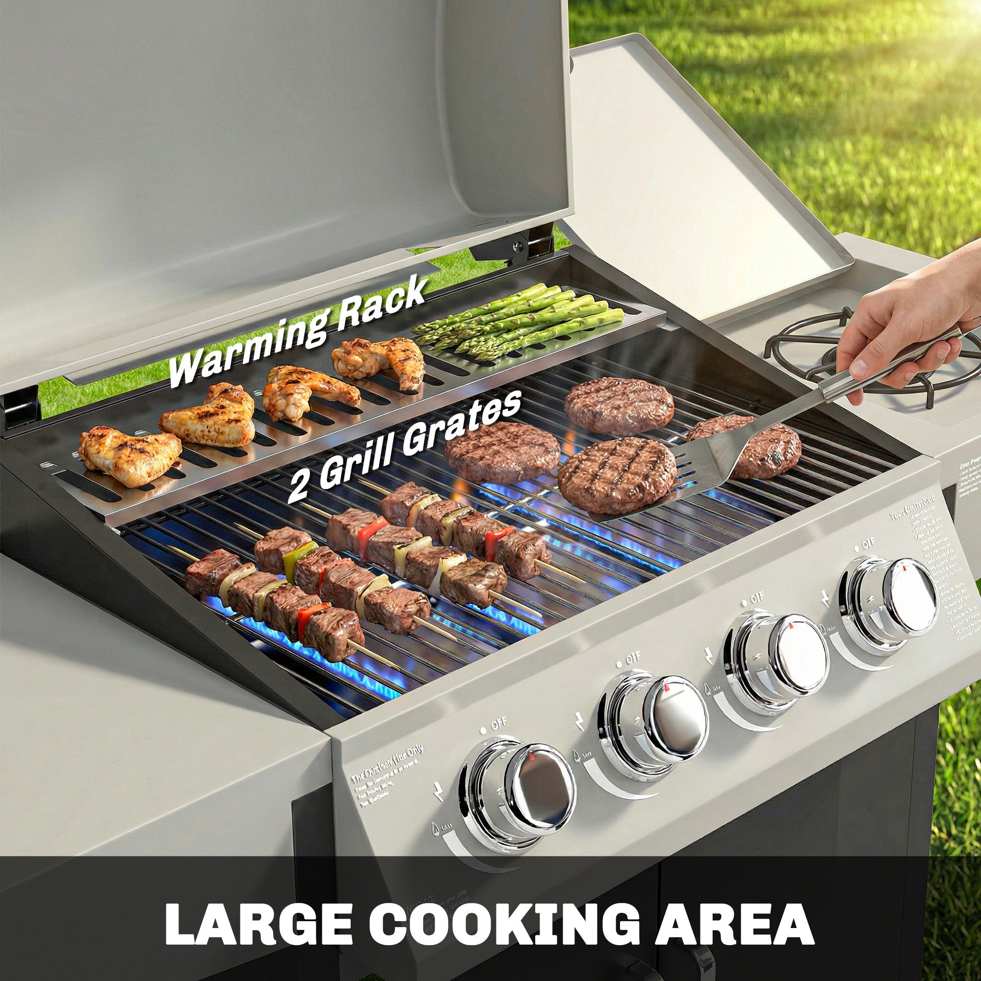 Outsunny silver stainless steel gas grill with two cooking grates and a warming rack for portable BBQ grilling